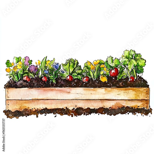 Watercolor illustration of a wooden raised garden bed filled with various flowers and vegetables.