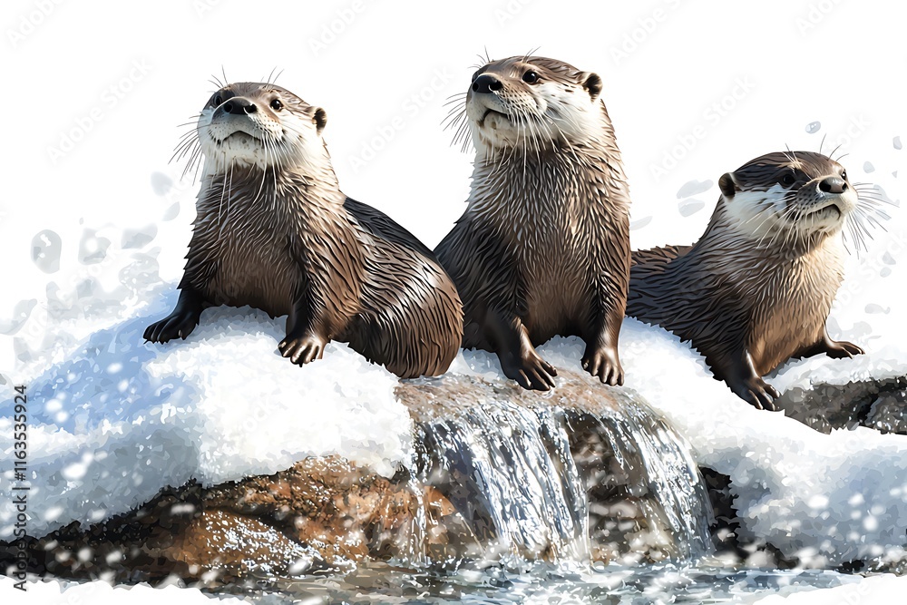 Three otters perched on a snowy rock beside a cascading waterfall, playfully looking around. Three otters perched on a snowy rock beside a cascading waterfall, playfully looking around.