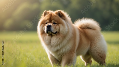 Golden Chow Chow standing proudly in a sunny green field with soft focus background showcasing its majestic fluffy fur and calm demeanor photo