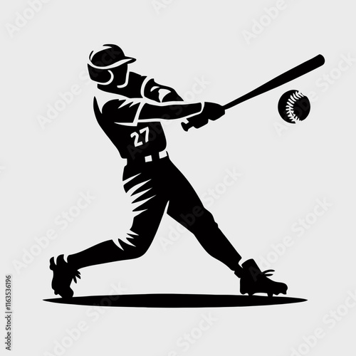 very simple flat and minimalist swinging softball baseball player silhouette in black color on a white background