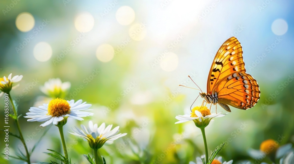 Serene Springtime: Butterfly on Daisies in a Sunlit Meadow Serene Springtime: Butterfly on Daisies in a Sunlit Meadow