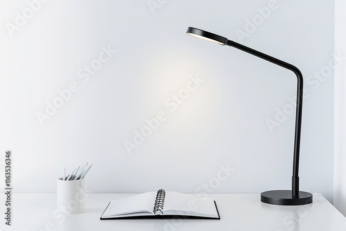 dynamic studio image of modern desk lamp with slim metallic frame positioned beside open notebook on bright white surface photo