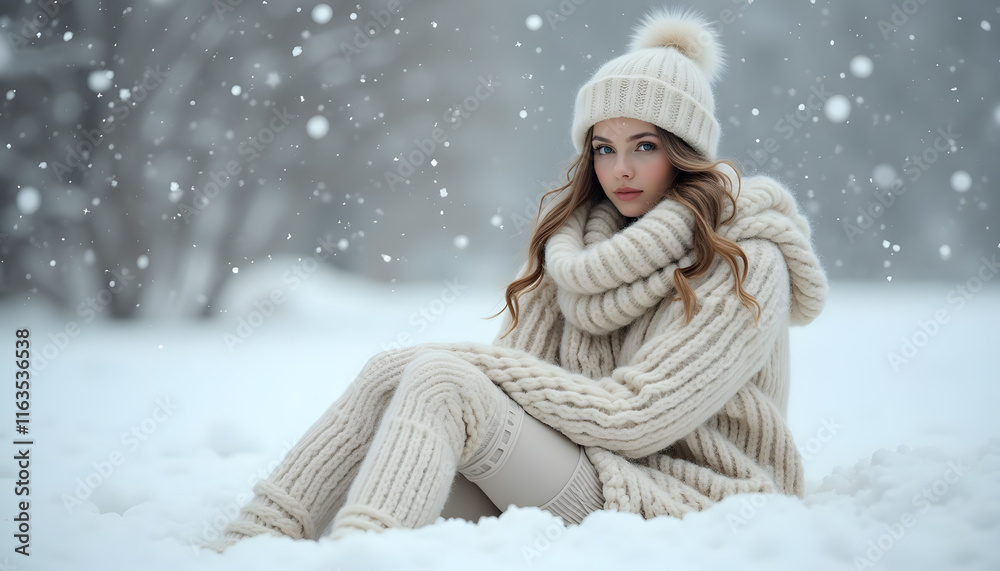 Fototapeta premium A serene winter scene featuring a close-up of a stunningly beautiful woman sitting on soft, fluffy snow, enveloped by a dreamy snowstorm. 
