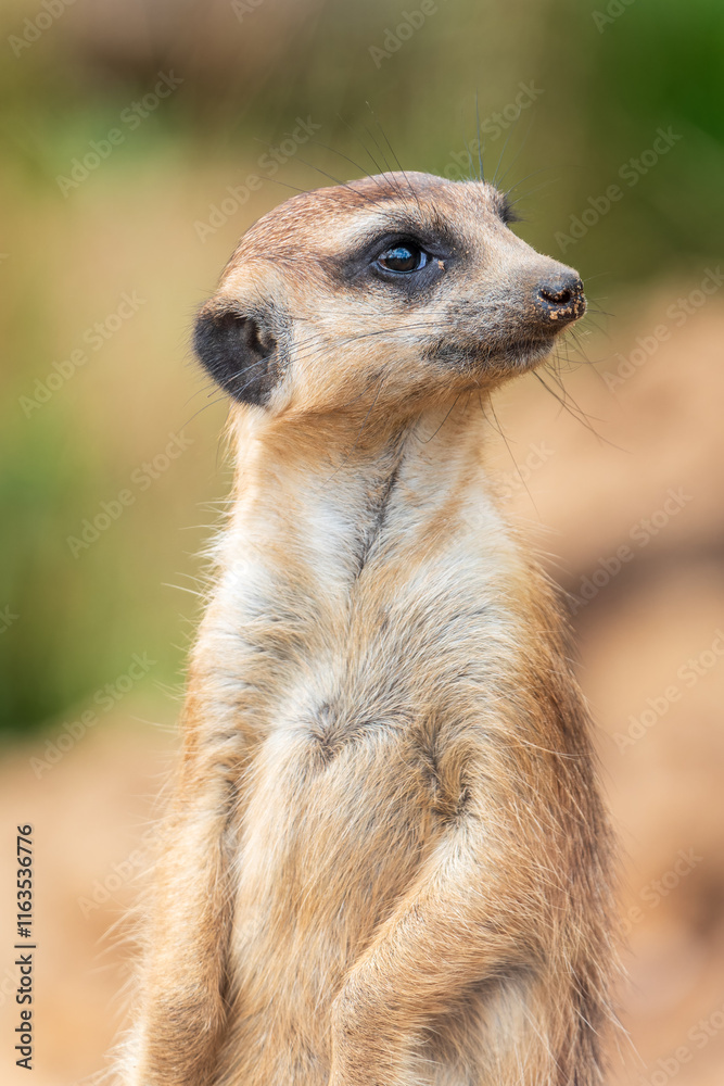 Fototapeta premium Meerkat, Suricata suricatta, on hind legs. Portrait of meerkat standing on hind legs with alert expression. Portrait of a funny meerkat sitting on its hind legs.