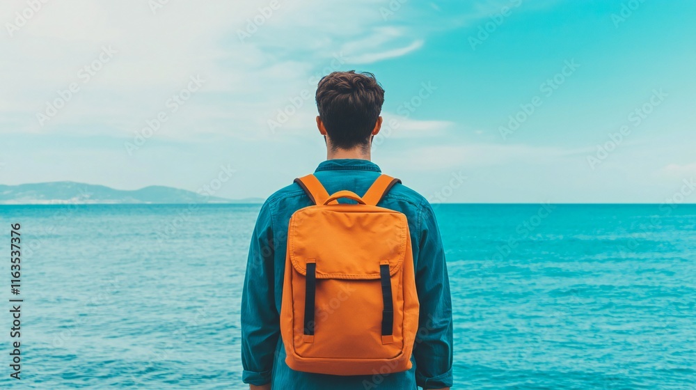Digital Nomad Remote Work Man with Orange Backpack Facing Ocean Travel Seascape Digital Nomad Remote Work Man with Orange Backpack Facing Ocean Travel Seascape