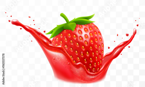 Strawberry juice. Fresh ripe strawberry falls into a splash of juice, isolated on transparent background. Realistic 3d vector illustration. Summer vitamin food and drink. Strawberry smoothie splash