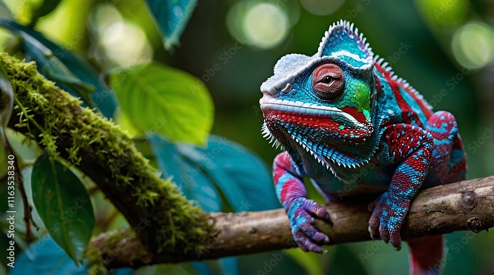 Fototapeta premium Vivid chameleon rests serenely on a branch, showcasing brilliant colors amidst lush foliage during a tranquil afternoon in the rainforest