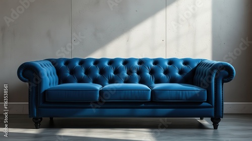 Elegant Blue Velvet Chesterfield Sofa in Sunlit Room photo