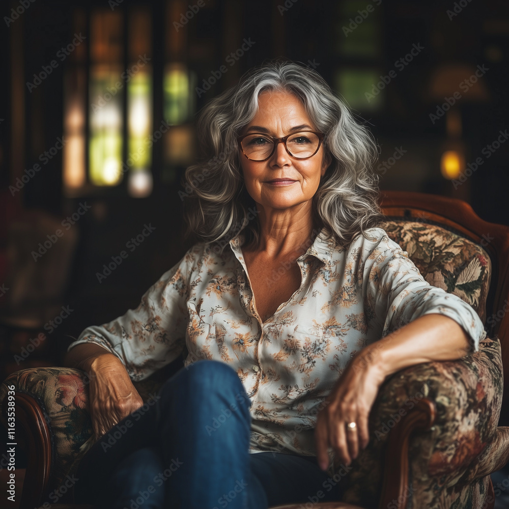 Mature European Woman Sitting on Chair Smiling Confidently Mature European Woman Sitting on Chair Smiling Confidently