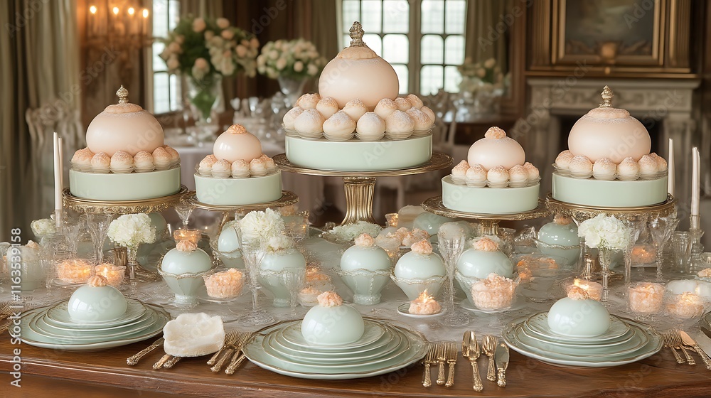 Elegant Dessert Display With Pastel Cakes And Candles Elegant Dessert Display With Pastel Cakes And Candles