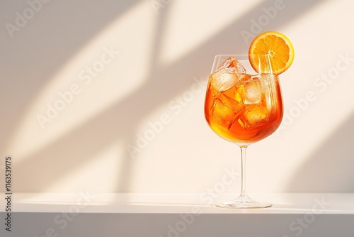 glossy studio image of aperol spritz in balloon glass its vibrant orange liquid filled with ice cubes and garnished