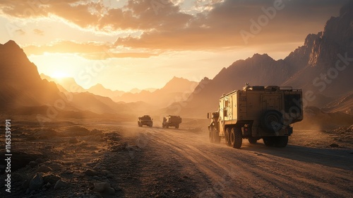 Vehicles in Dynamic Action in Desert Field Operations