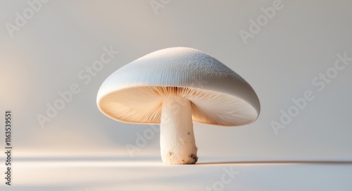 White Mushroom Features Gills and Unique Texture on Neutral Background photo