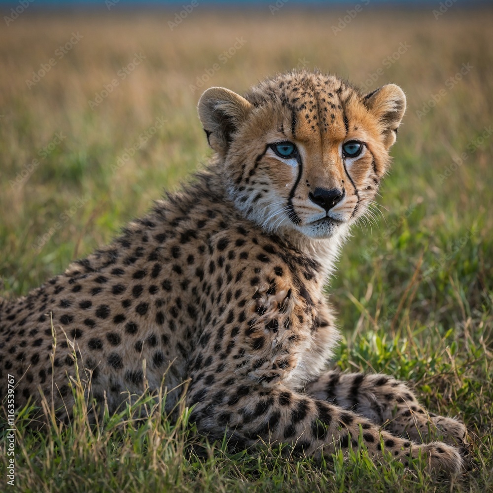 A cheetah cub with turquoise and magenta fur resting under a tree, with a blurred grassy plain. A cheetah cub with turquoise and magenta fur resting under a tree, with a blurred grassy plain.