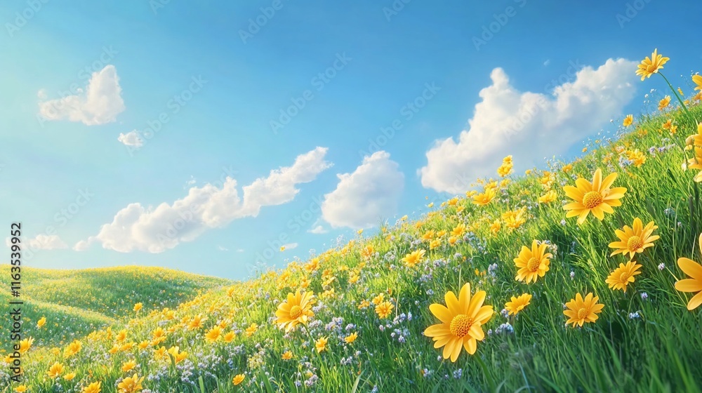 Fototapeta premium Sunny meadow landscape with vibrant yellow flowers and fluffy clouds.