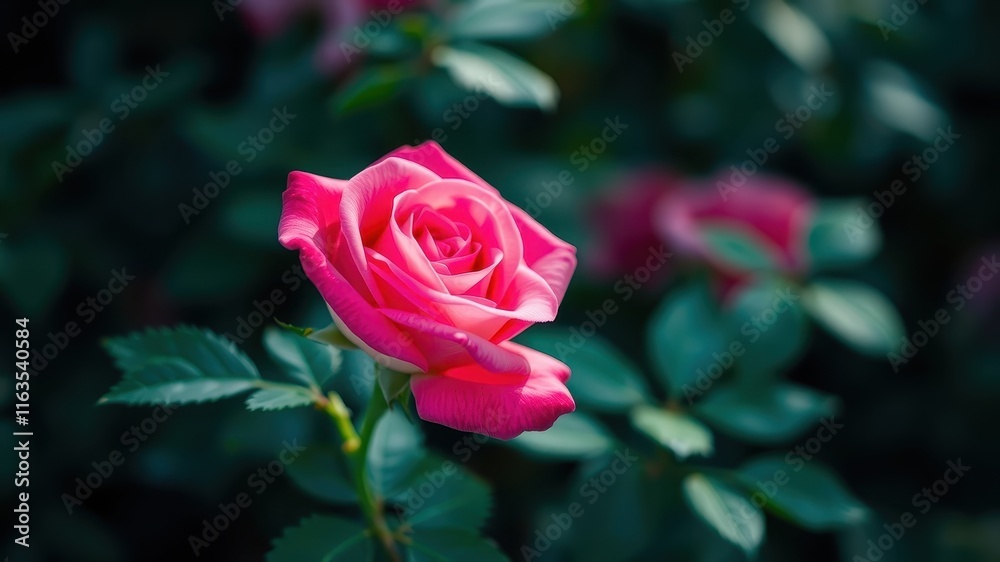 A vibrant pink rose blossoms amidst lush, dark green foliage, showcasing its delicate petals and vibrant color. A vibrant pink rose blossoms amidst lush, dark green foliage, showcasing its delicate petals and vibrant color.