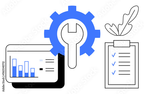 Gear icon intertwined with a wrench, graph on a screen with bars of varying heights, checklist on a clipboard with blue ticks. Ideal for workflow optimization, project planning, data analysis