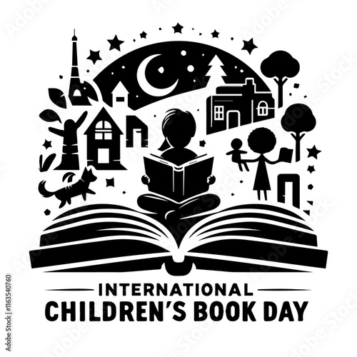 Little Girl Outdoors Reading Celebrate International Children's Book Day with a Black & White on Silhouettes background design