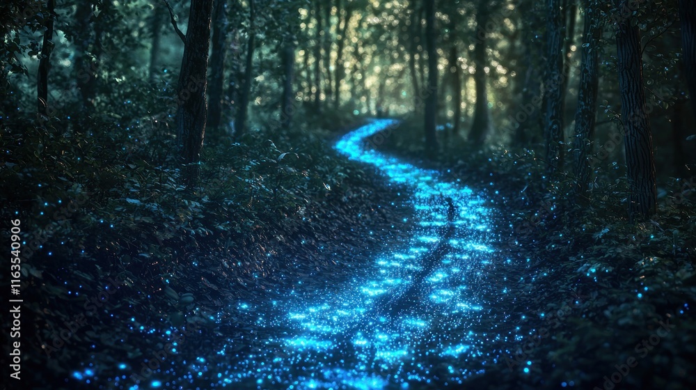 Obraz premium Enchanted Forest Path: A Glimmering Trail of Bioluminescence