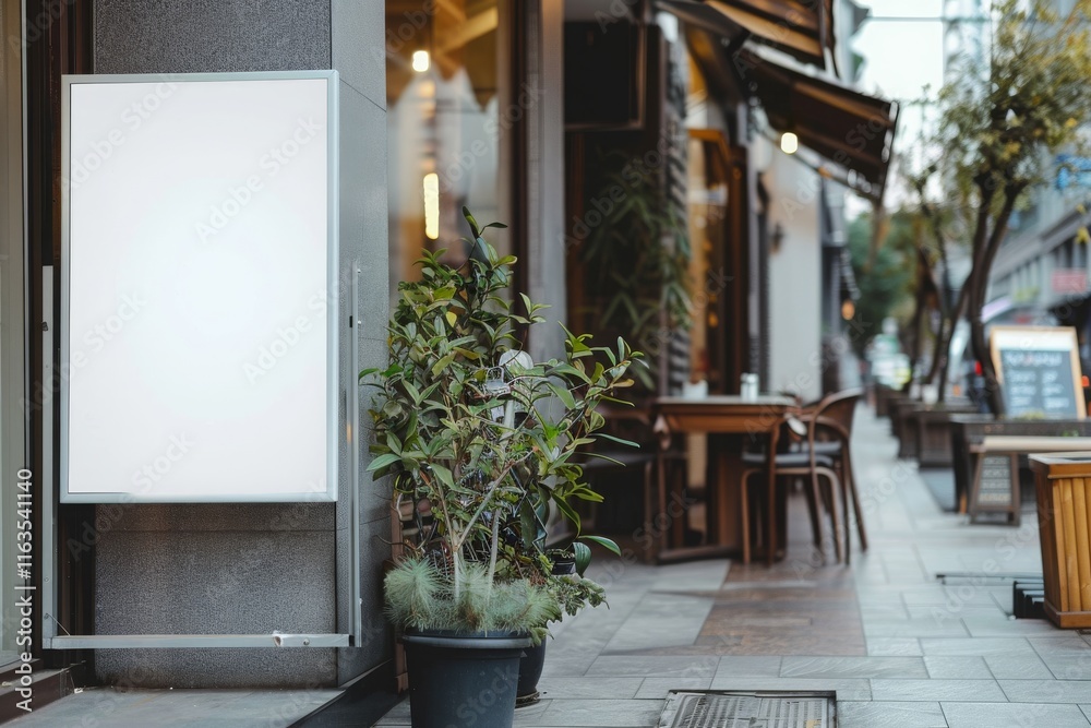 Naklejka premium White paper poster mockup displayed outside the building restaurant. Marketing and business concept. MZ