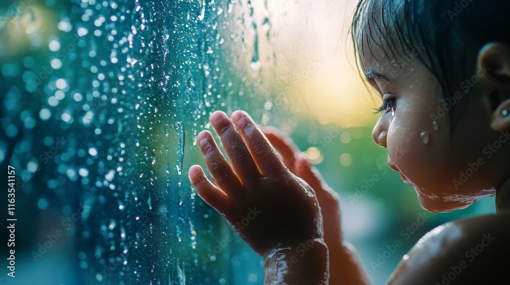Fototapeta premium Toddler's curious face presses against rain-covered glass.