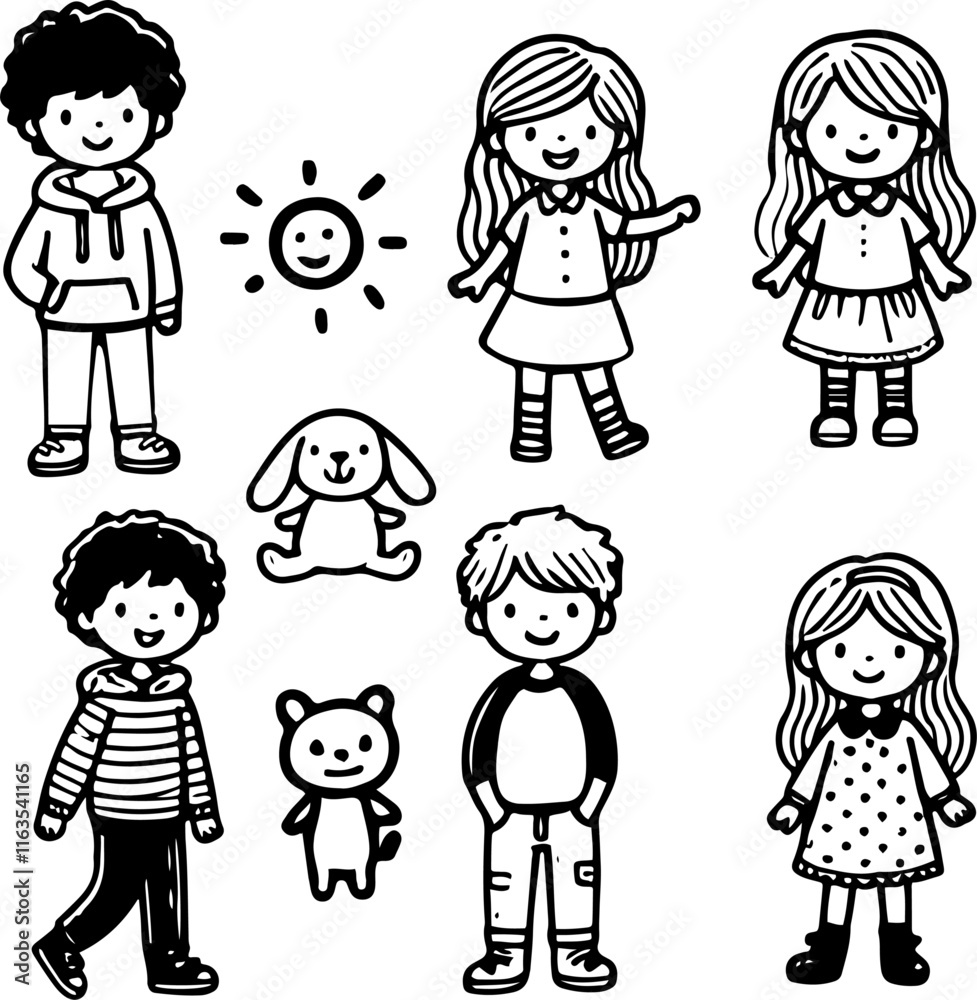 Set doodle cute for kids, vector illustration, icon, sticker, coloring page Set doodle cute for kids, vector illustration, icon, sticker, coloring page