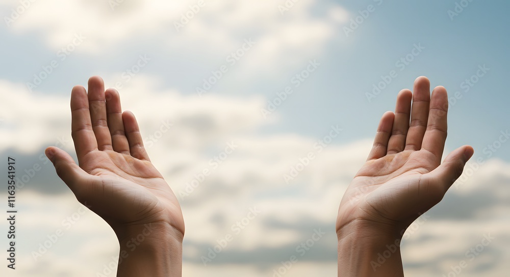 Human hands open palm up worship with faith in religion and belief in God on blessing background. Human hands open palm up worship with faith in religion and belief in God on blessing background.