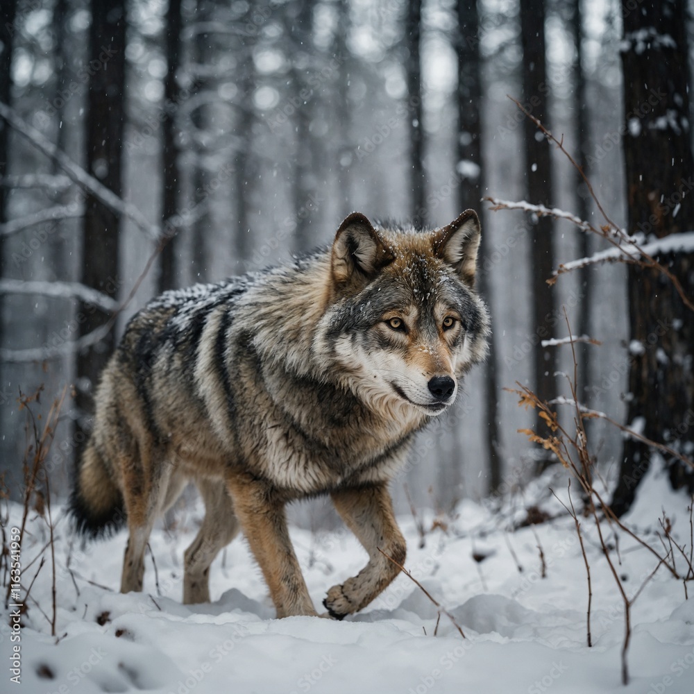 A wolf cub with metallic gold and silver fur walking through a snowy forest, with blurred trees. A wolf cub with metallic gold and silver fur walking through a snowy forest, with blurred trees.
