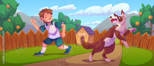 Backyard garden playtime scene with young boy and excited dog - fenced yard with wood kennel, citrus trees, mountain backdrop and path through lawn. Child owner play with pet on yard of suburban house