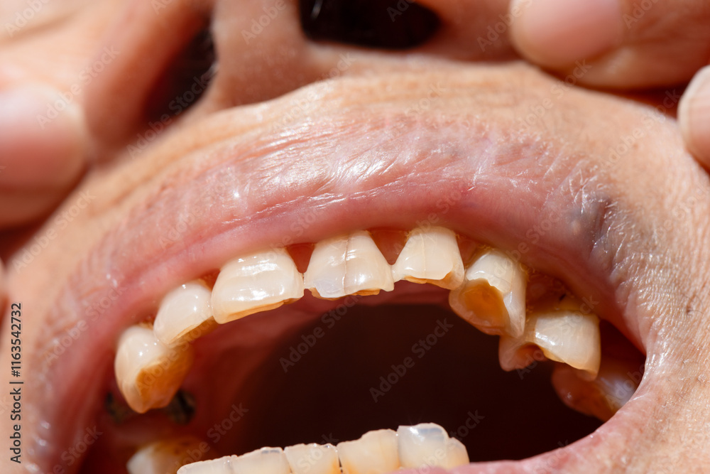 Fototapeta premium Attrition tooth due to interaction with other teeth in elderly woman.