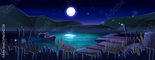 Night pier lake scene with moonlit reflection on water, wooden dock, floating boats, starry sky. Dark twilight landscape with glowing fireflies, reeds and mountain silhouettes. Old wood jetty on river