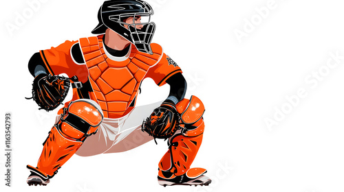 minimalist clipart of baseball catcher in full gear, showcasing orange uniform and protective equipment