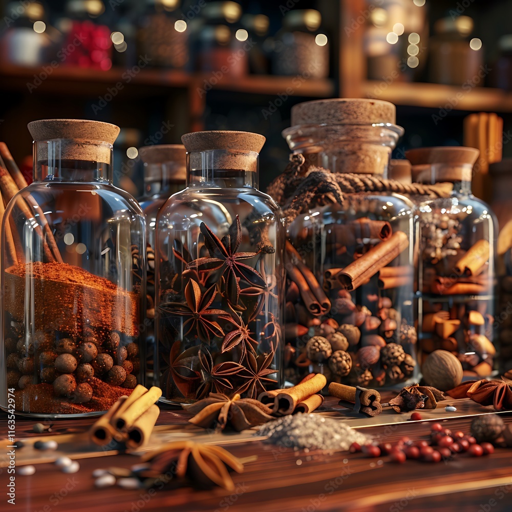 mix of fragrant spices like cloves, cinnamon, and allspice presented in transparent jars against a backdrop of rustic kitchen utensils, creating a cozy atmosphere. mix of fragrant spices like cloves, cinnamon, and allspice presented in transparent jars against a backdrop of rustic kitchen utensils, creating a cozy atmosphere.