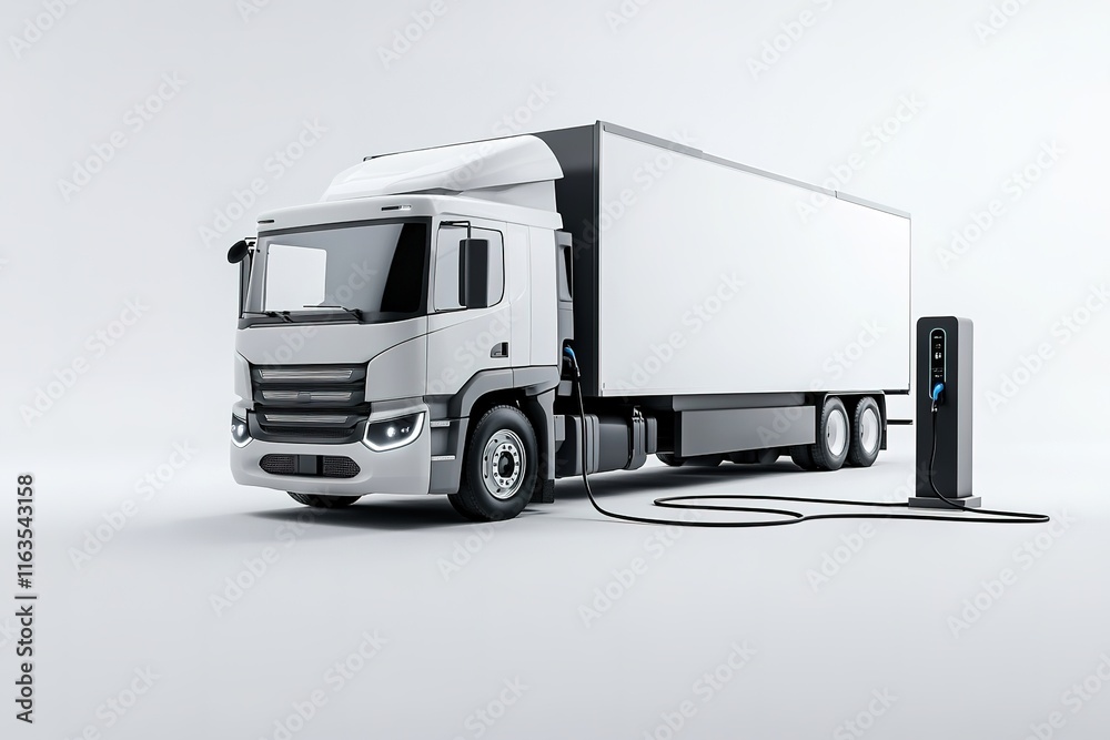 polished studio composition of electric delivery truck connected to heavy-duty charging unit with thick industrial-style polished studio composition of electric delivery truck connected to heavy-duty charging unit with thick industrial-style