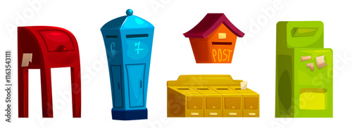 Colorful letterbox and post collection of different designs - red stand mailbox, tall blue and green receptacle, yellow apartment slots, orange wall containers. Mail delivery equipment set.
