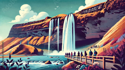 Landscape illustration of Seljalandsfoss, Iceland A waterfall that allows visitors to walk behind its flowing water, offering spectacular views 10