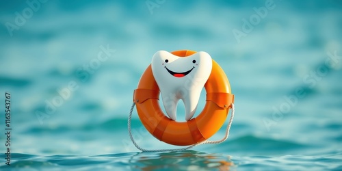 Smiling tooth in a life preserver afloat on calm water