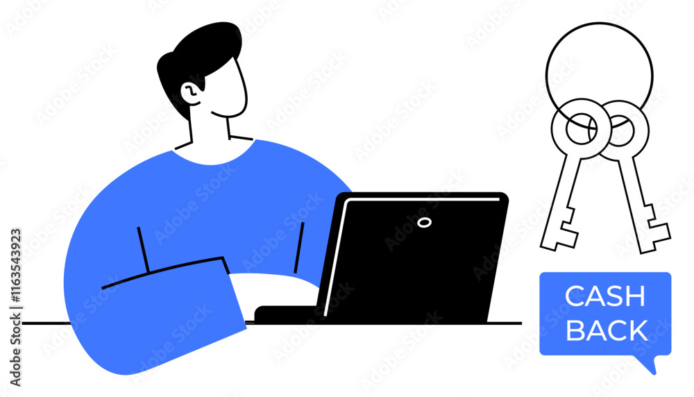 Person using laptop, two intersecting keys representing security, text bubble noting cashback. Ideal for e-commerce, online security, financial rewards, savings, home office, digital transactions Person using laptop, two intersecting keys representing security, text bubble noting cashback. Ideal for e-commerce, online security, financial rewards, savings, home office, digital transactions