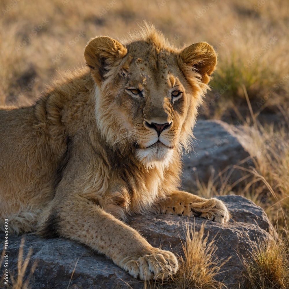 A lion cub with multicolored fur and a golden mane sleeping on a rock, with blurred savanna grass. A lion cub with multicolored fur and a golden mane sleeping on a rock, with blurred savanna grass.