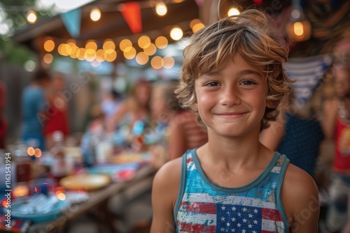 An American boy wearing a T-shirt with red, blue and white colors celebrating 4th of July, American Independence Day with people photo