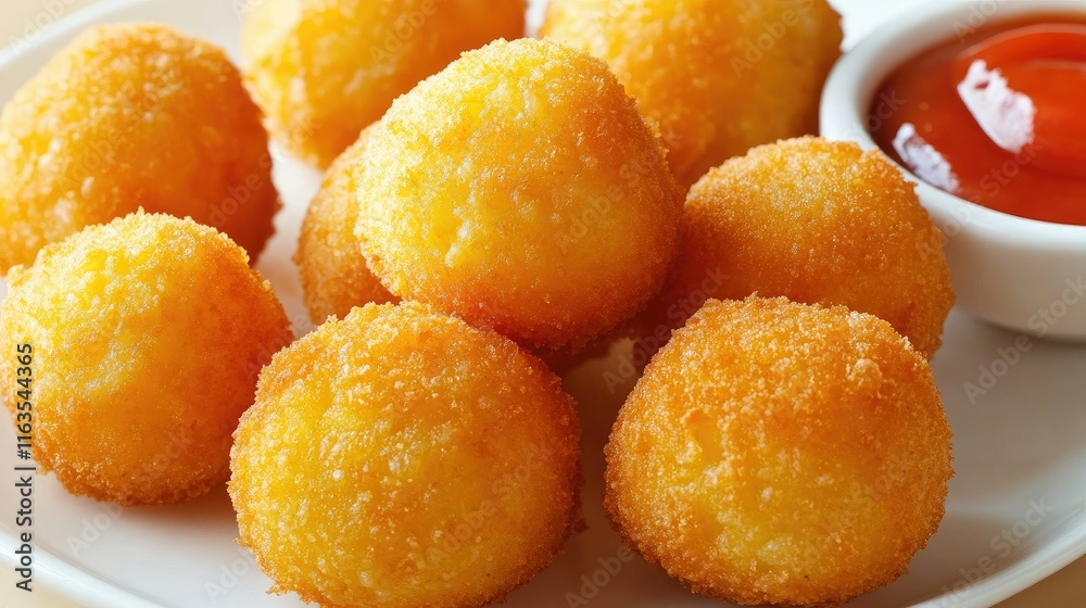 Close-up of golden crispy arancini, a typical Sicilian dish, presented on a plate with two sauces. Close-up of golden crispy arancini, a typical Sicilian dish, presented on a plate with two sauces.