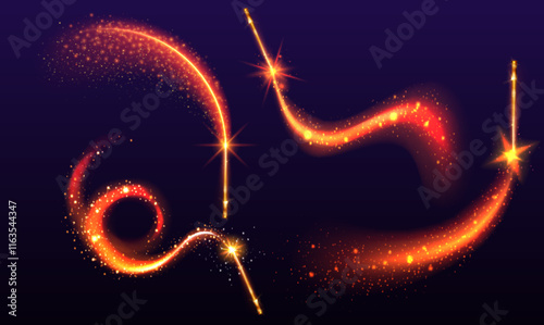 Magic wands set isolated on dark blue background. Vector realistic illustration of neon orange, red light trails, sparkling fairytale swirls with glowing glitter particles, fantasy spell energy vortex