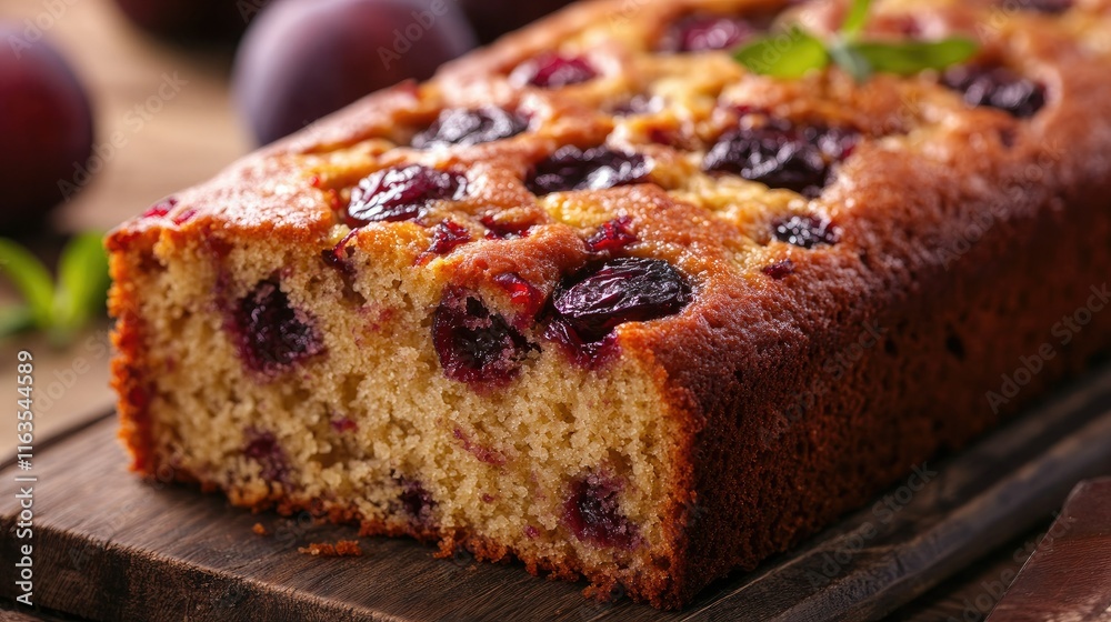 Close-up of moist and flavorful plum cake with yogurt and olive oil, perfect for dessert. Horizontal view. Close-up of moist and flavorful plum cake with yogurt and olive oil, perfect for dessert. Horizontal view.