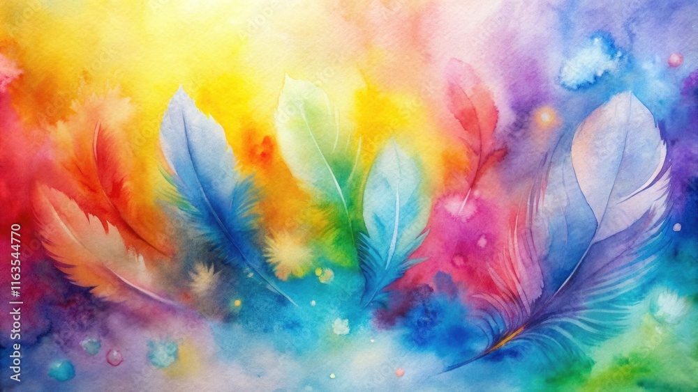 Obraz premium Vibrant Watercolor Feathers in a Spectrum of Colors An Artistic Abstract Composition of Light and Shadow, Evoking a Sense of Wonder and Serenity