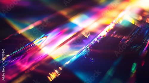 Abstract prism light reflection scattering across a surface with vivid rainbow flares, glowing softly in a dark background.