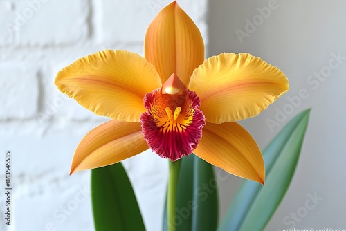 A vibrant orange and red cattleya orchid blossom