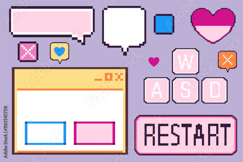 Retro software user interface elements set isolated on background. Vector illustration of blank y2k messenger window, empty speech bubble, pixel heart icon, restart button, vaporwave computer design