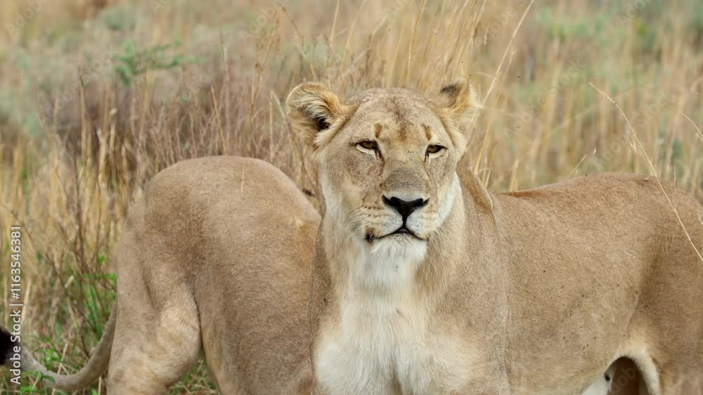 Majestic Lioness (Panthera leo) scans grassland landscape, telephoto real time Majestic Lioness (Panthera leo) scans grassland landscape, telephoto real time