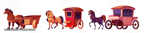 Horse carts set isolated on white background. Vector cartoon illustration of old wooden carriages for passenger transportation, farm cargo wagon pulled by animal, vintage rural and city transport