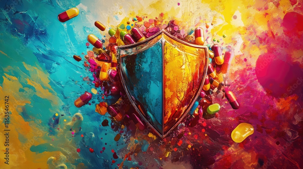 Fototapeta premium Colorful shield amidst scattered pills, vibrant paint splatters.